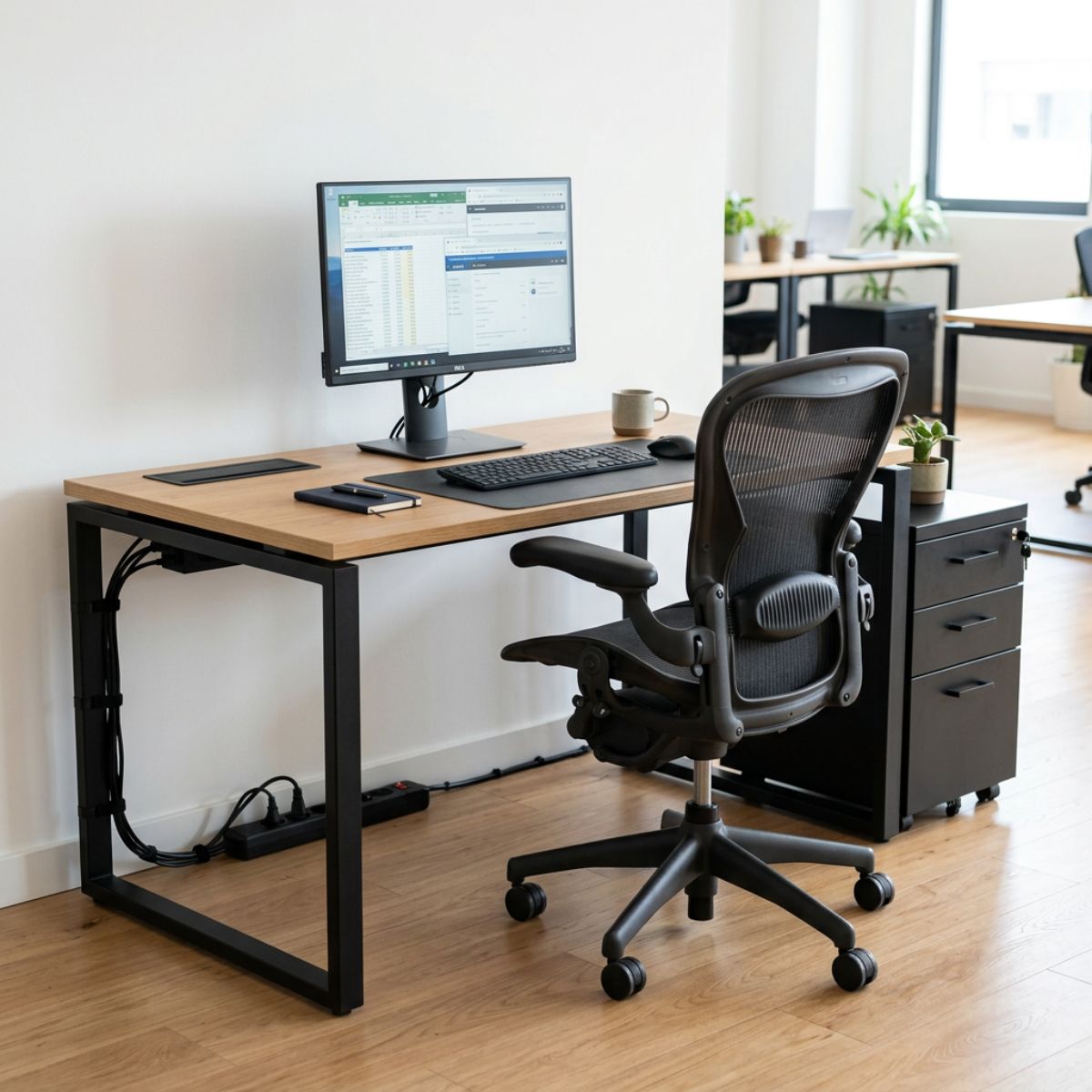 Puesto de trabajo con mesa silla ergonómica y almacenaje de oficina